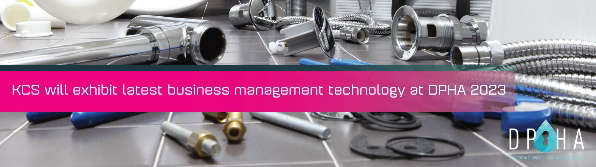 Plumbing parts and tools one the floor with the DPHA logo.