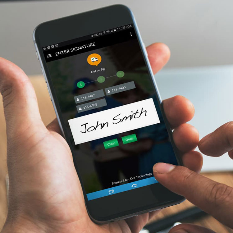Person using ODTMobile Signature Capture to sign for a delivery