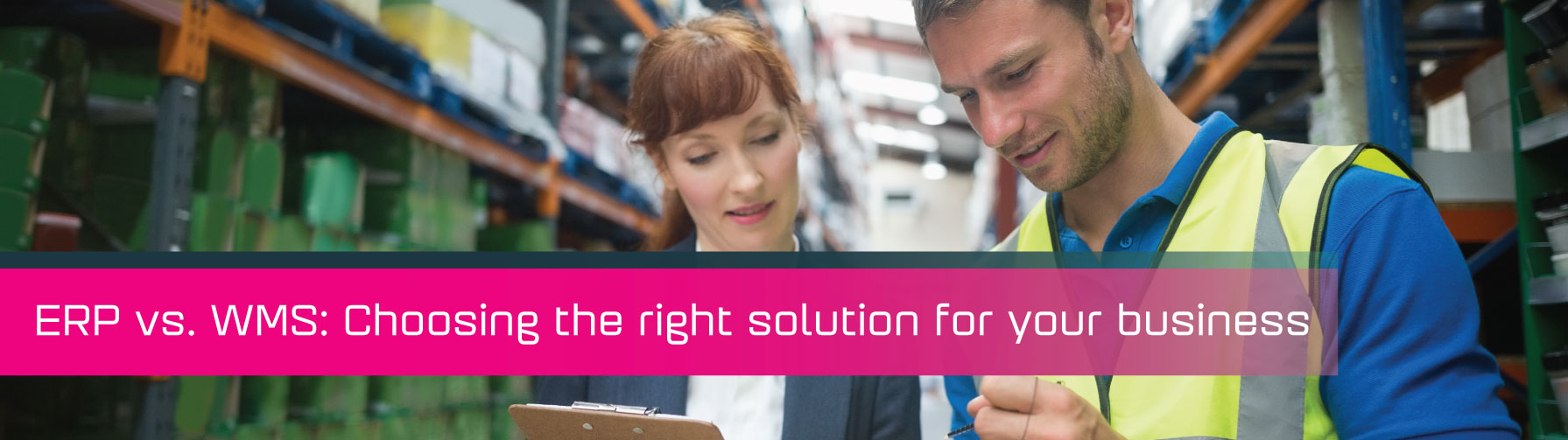 A blog header image with title for an article about choosing ERP vs WMS software solutions