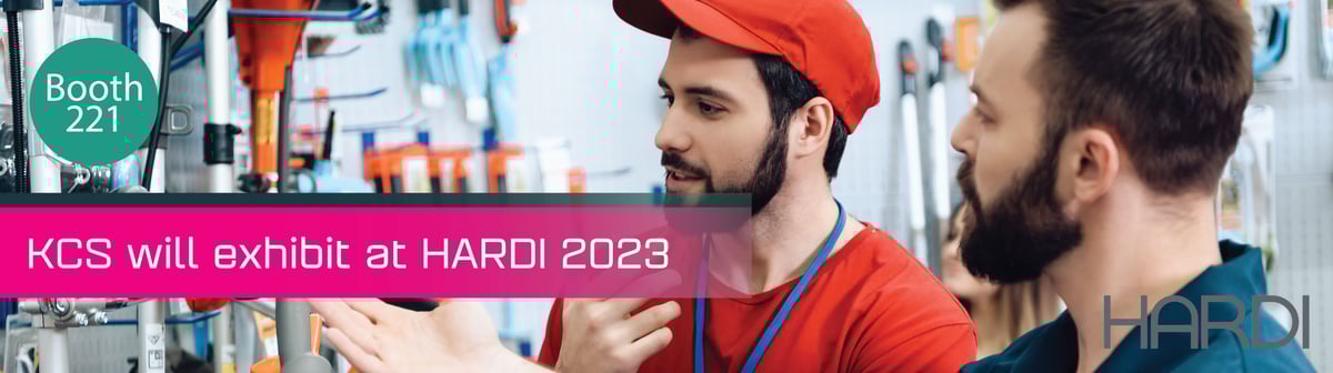 Two men looking at tools in a hardware store.