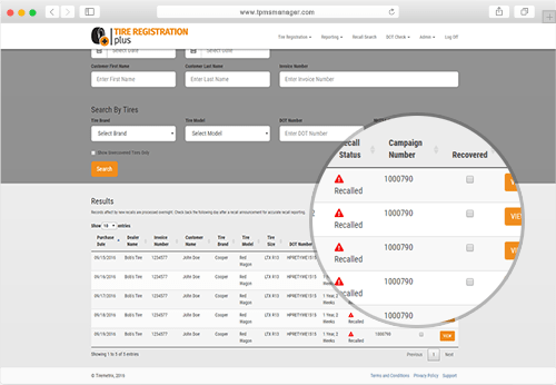 Screenshot of Tiremetrix's Tire recall dashboard
